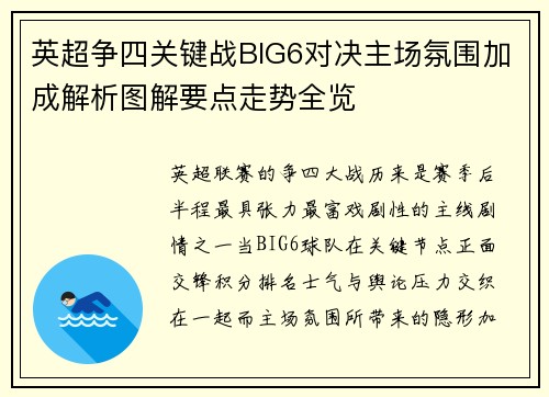 英超争四关键战BIG6对决主场氛围加成解析图解要点走势全览