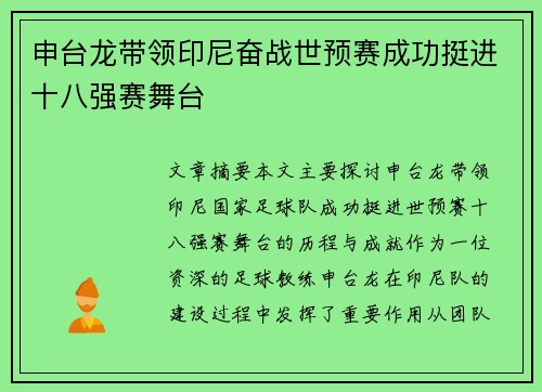 申台龙带领印尼奋战世预赛成功挺进十八强赛舞台